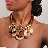Flower Butterfly Ring Acrylic & Wood Pendant 2-Strand Cotton Cord Bib Necklaces for Women FS-WG99BBE-03-2