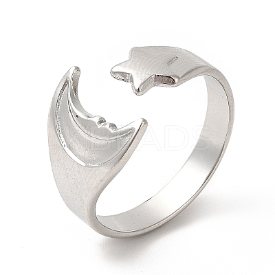 Non-Tarnish 304 Stainless Steel Star & Moon Open Cuff Ring for Women RJEW-E063-07P-1