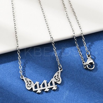 201 Stainless Steel Number 444 with Butterfly Wings Pendant Necklaces LS-NJEW-P332-01B-P-1