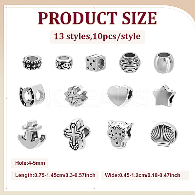 130Pcs 13 Styles Tibetan Style Alloy European Beads MPDL-ME0001-02-1