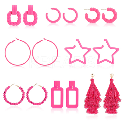 8 Pairs 8 Style Acrylic Hollow Out Rectangle & Tassel Dangle Stud Earrings EJEW-AN0001-93-1