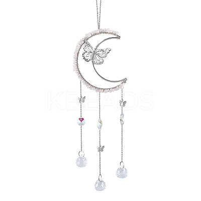 Natural Rose Quartz Chips & Metal Moon Butterfly Hanging Ornaments AJEW-WH20080-03A-1