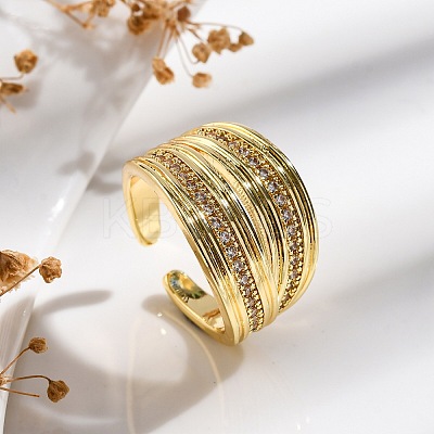 Rack Plating Brass Micro Pave Clear Cubic Zirconia Open Cuff Finger Rings for Women RJEW-M028-92G-1