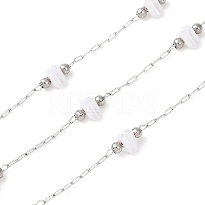 304 Stainless Steel Round Bead & ABS Plastic Pearl Heart Bead Cable Chains CHS-G048-08P-1