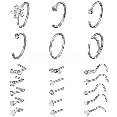 21Pcs 21 Style Clear Cubic Zirconia Flower & Flat Round & Heart Nose Studs & Rings Set JX527B-1