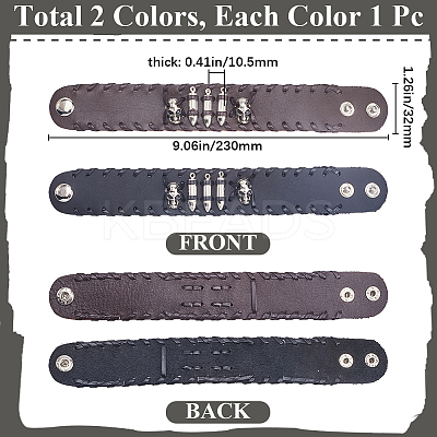 2Pcs 2 Colors Halloween Skull Leather Cord Bracelets for Men BJEW-GF0001-29-1