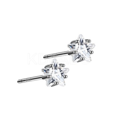 Rhodium Plated Star 999 Fine Silver Cubic Zirconia Stud Earrings for Women EJEW-S215-21P-1
