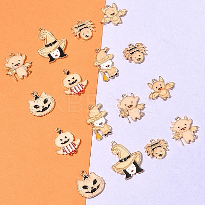14Pcs 7 Styles Halloween Theme Rack Plating Luminous Alloy Enamel Pendants ENAM-FS0002-10G-1
