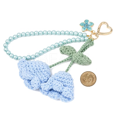 Handmade Cotton Yarn Crochet Lily of the Valley & Glass Pearl Round Bead Pendant Decorations HJEW-JM04389-02-1