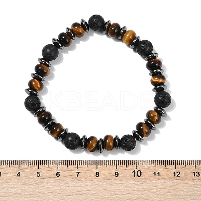 Tiger Eye with Hematite Partition and Lava Beaded Stretch Bracelets for Women Men BJEW-Q031-02A-1