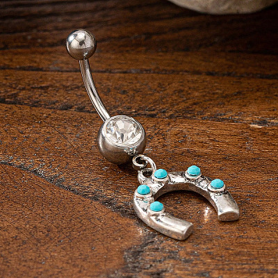 Cowboy Theme 304 Stainless Steel Pave Synthetic Turquoise Curved Barbell Dangle Belly Rings FS-WGEFD82-04-1