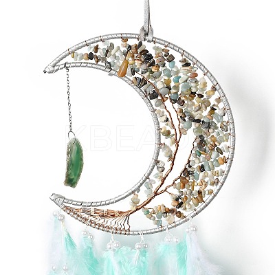 Natural Amazonite Chips Beaded Tree of Life Moon with Feather Pendant Decorations HJEW-M004-10-1