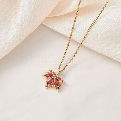 Brass Pave Cubic Zirconia Maple Leaf Pendant 304 Stainless Steel Cable Chain Necklaces for Women NJEW-JN05901-01-1