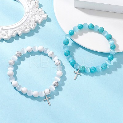 2Pcs Natural Howlite & Synthetic Turquoise Beads Stretch Bracelets BJEW-JB13286-1