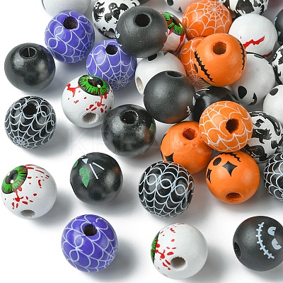 45Pcs 9 Colors Printed Round Wood European Beads WOOD-FS0001-21-1