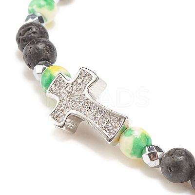 Natural & Synthetic Mixed Gemstone Beaded Stretch Bracelet with Clear Cubic Zirconia Cross for Women BJEW-JB08247-02-1