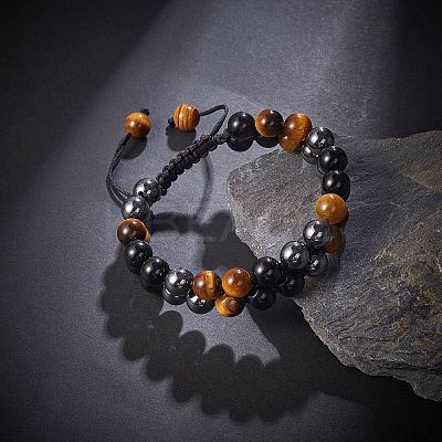 Natural Obsidian & Tiger Eye & Synthetic Hematite Braided Bead Bracelet BJEW-SW00001-22-1