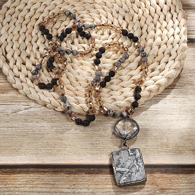 Rectangle & Flat Round Bohemian Style Natural Picasso Jasper with Glass Pendant Necklaces FS-WGEA5B3-02-1
