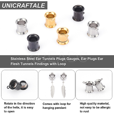 6Pcs 3 Colors 316 Stainless Steel Ear Tunnels Plugs Gauges STAS-UN0034-11D-1