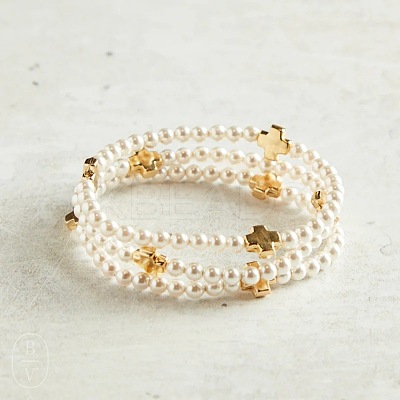 Summer Brass Cross and Round Imitation Pearl Beaded Stretch Bracelets for Women NA3901-1