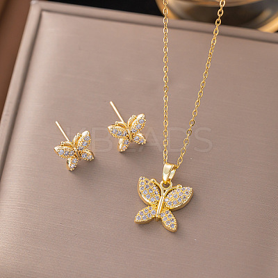 Brass Micro Pave Clear Cubic Zirconia Stud Earrings & Pendant Necklaces Sets FS-WG8C3C9-06-1