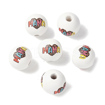 Mother's Day Theme Printed Wood European Beads WOOD-F016-03-1