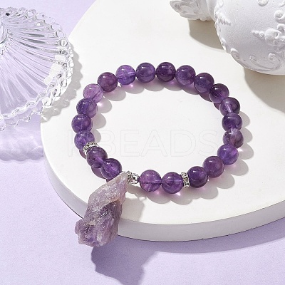 Natural Amethyst Round Beaded Stretch Bracelets BJEW-JB10089-01-1