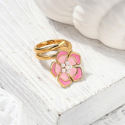 Flower 304 Stainless Steel Enamel Cuff Rings for Women RJEW-Z079-01G-1