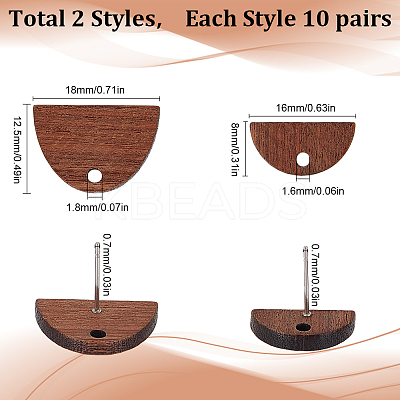 20 Pairs 2 Styles Half Round Walnut Wood Stud Earring Findings MAK-SC0001-22-1