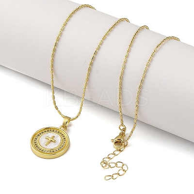 Brass Cubic Zirconia Flat Round Cross Pendant Necklaces LS-NJEW-R100-02G-1