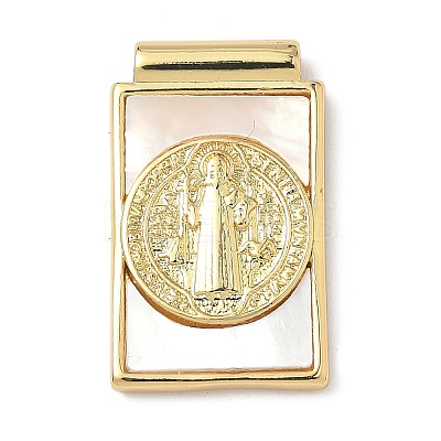 Brass Pave Natural White Shell Religion Rectangle Pendants KK-Q068-32B-G-1