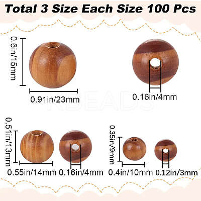 300Pcs 3 Styles Round Natural Wood Beads WOOD-GF0001-89B-1