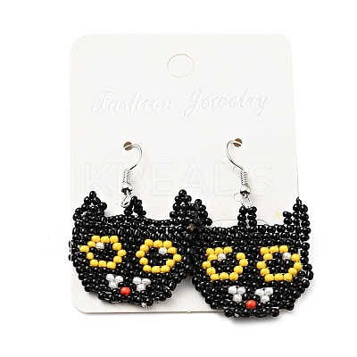 Glass Seed Braided Cat Dangle Earrings LS-EJEW-B012-11-1