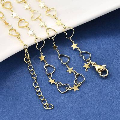 Brass Star Heart Link Chain Necklaces NJEW-M108-30G-1
