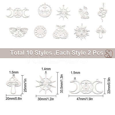 20Pcs 10 Style 201 Stainless Steel Pendants STAS-SC0003-56-1