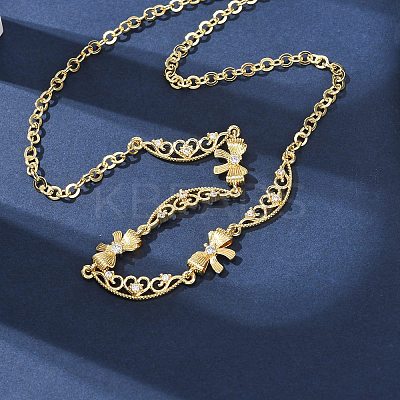 Brass Pave Clear Cubic Zirconia Bowknot and Hollow Moon Link Chain Necklaces NJEW-D348-02G-1