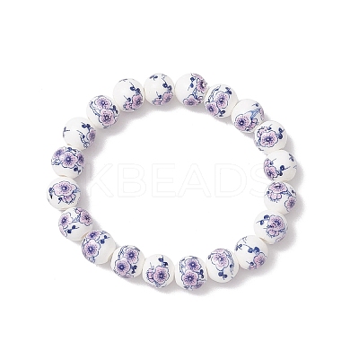 Handmade Flower Printed Porcelain Ceramic Round Beads Stretch Bracelets for Women BJEW-JB12091-01-1
