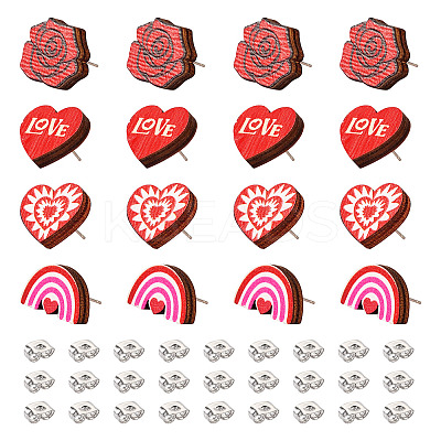 40Pcs 4 Style Valentine's Day Theme Natural Wood Stud Earrings EJEW-TA0001-27-1