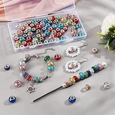 100Pcs 2 Style Polymer Clay Rhinestone & Resin European Large Hole Beads with Silver Color Plated Brass Cores FPDL-NB0001-04-1