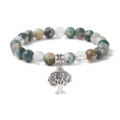 Natural Tree Agate Round Bead Stretch Bracelets BJEW-JB09872-02-1