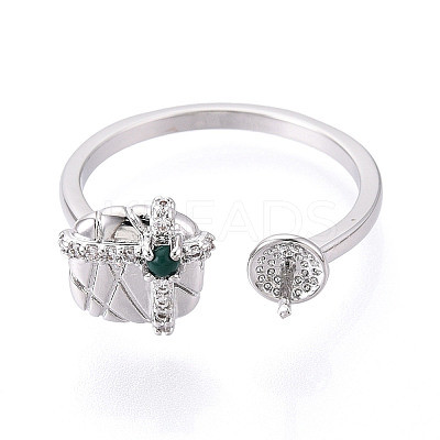 Gift Box Shape Brass Micro Pave Clear Cubic Zirconia & Glass Cuff Ring Settings KK-T076-44P-1
