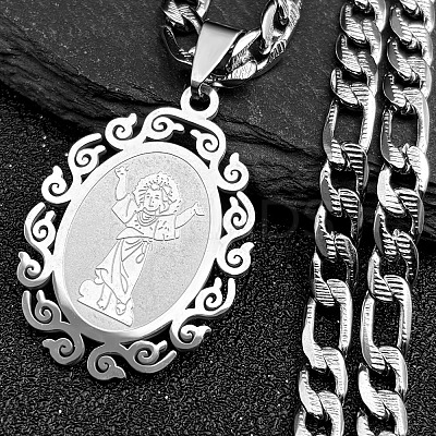 Oval with Virgin Pattern 201 Stainless Steel Pendant Necklaces for Men Women NJEW-K283-22P-1
