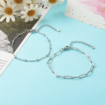 Tarnish Resistant 304 Stainless Steel Paperclip & Satellite Chains Bracelet Set BJEW-JB06524-1