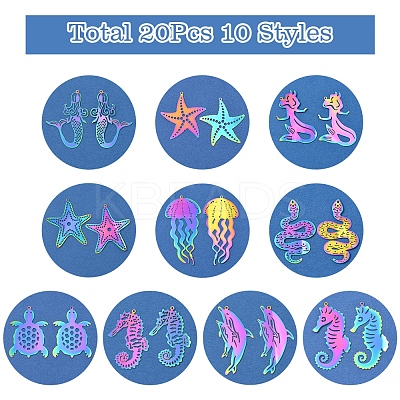 20Pcs 10 Styles Ion Plating(IP) 201 Stainless Steel Etched Metal Embellishments Pendants STAS-FS0001-52-1