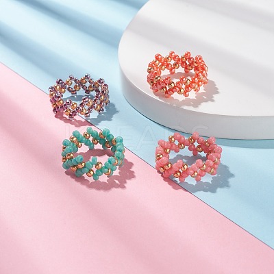 4Pcs 4 Colors Glass Seed Beads Braided Finger Rings Set for Women RJEW-JR00419-1
