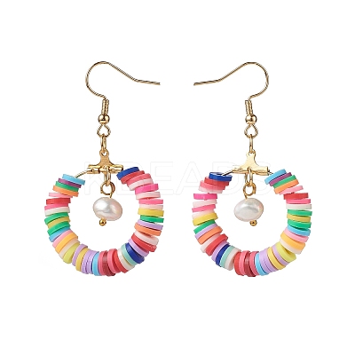 Handmade Polymer Clay Heishi Beaded Ring Dangle Earring EJEW-JE05078-1