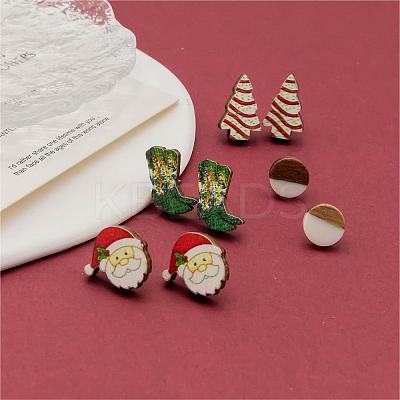 4 Pairs Santa Claus & Boot & Christmas Tree Printed Wood Stud Earrings EJEW-OY001-03-1