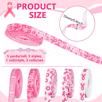 5 Rolls 5 Styles Polyester Awareness Ribbon Printed Grosgrain Ribbon OCOR-PH0005-33-1