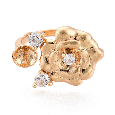 Flower Brass Micro Pave Clear Cubic Zirconia Cuff Ring Settings KK-T076-71G-1