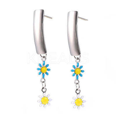 Rectangle with Flower Enamel Long Dangle Stud Earrings EJEW-N049-06B-1